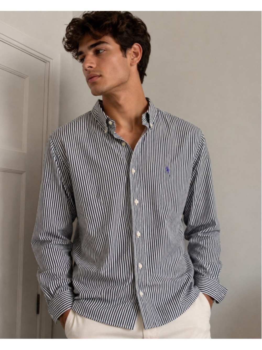 Ralph Lauren Navy and White Striped Button-Down Shirt